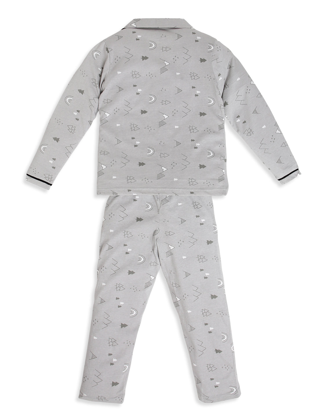 CHILINS Boys Grey Printed Night Suit Set | Pure Cotton Full Sleeve Shirt & Pyjama Sleepwear
