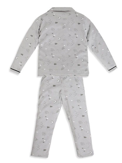 CHILINS Boys Grey Printed Night Suit Set | Pure Cotton Full Sleeve Shirt & Pyjama Sleepwear