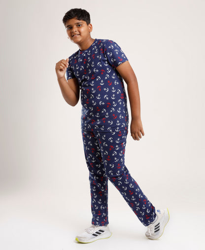 Printed Boys Half Sleeves Pyjama Set - Anchor - Coord set -Blue Night suit