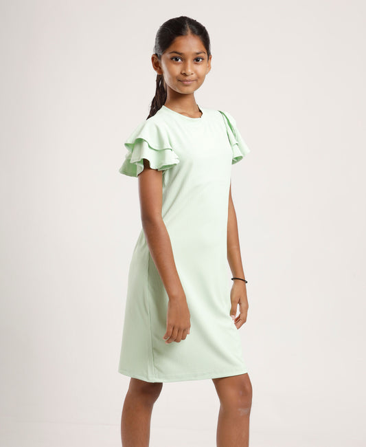 Girls Mint Green Shift Dress | Stylish Ruffle Sleeves | Casual & Outing Wear