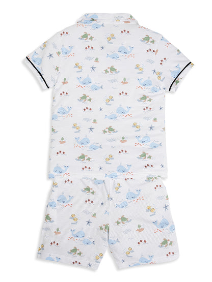 CHILINS Boys Ocean Print Night Suit Set | 100% Pure Cotton Half Sleeve Shirt & Shorts