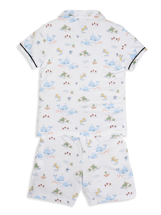 CHILINS Boys Ocean Print Night Suit Set | 100% Pure Cotton Half Sleeve Shirt & Shorts