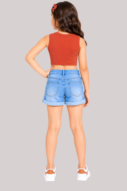 CHILINS Girls Rust Red Ribbed Cotton Sleeveless Crop Top