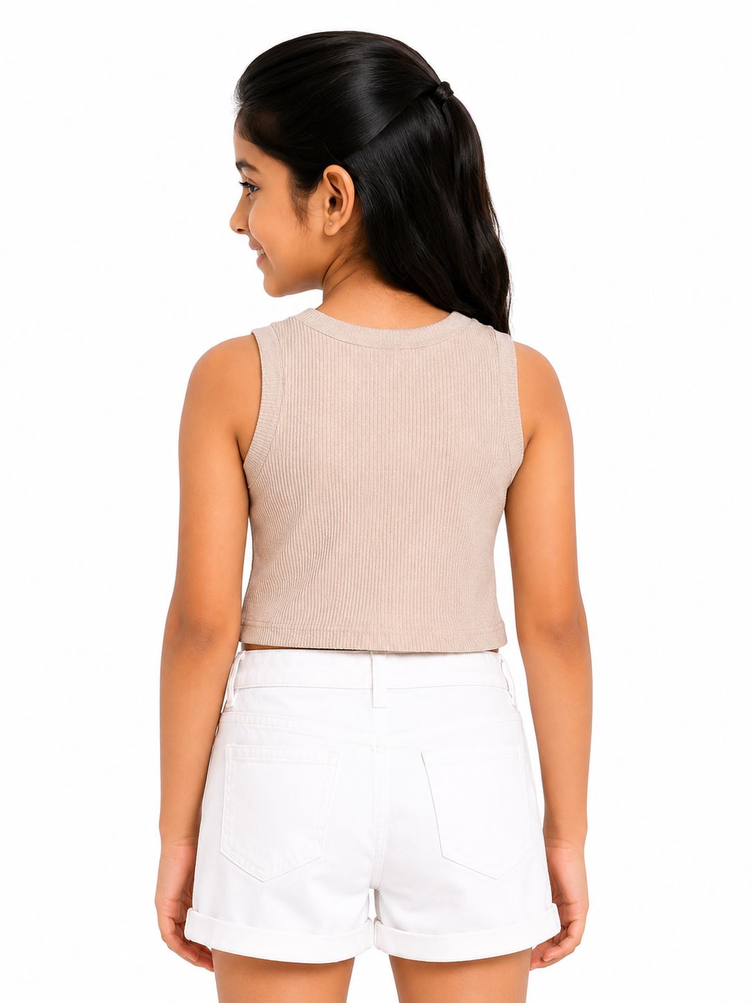 CHILINS Girls Beige Ribbed Sleeveless Crop Top