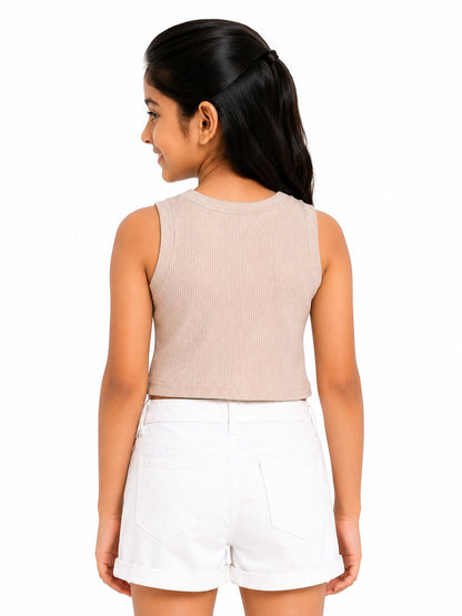 CHILINS Girls Beige Ribbed Sleeveless Crop Top