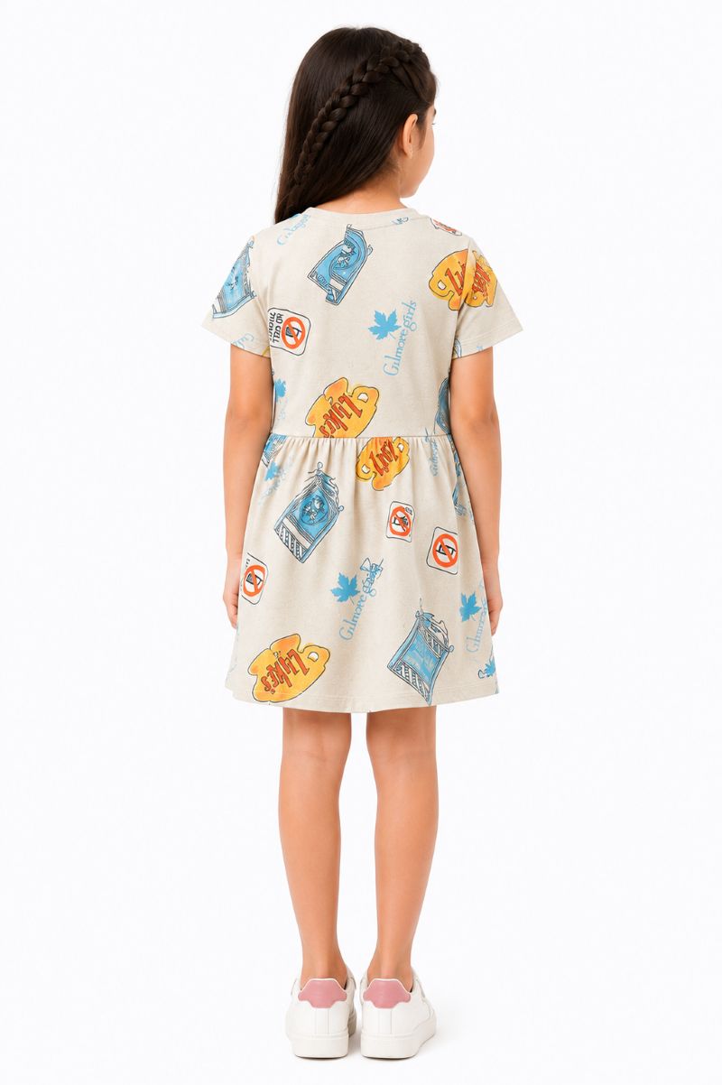 CHILINS Girls Beige Printed Round Neck Fit & Flare Dress