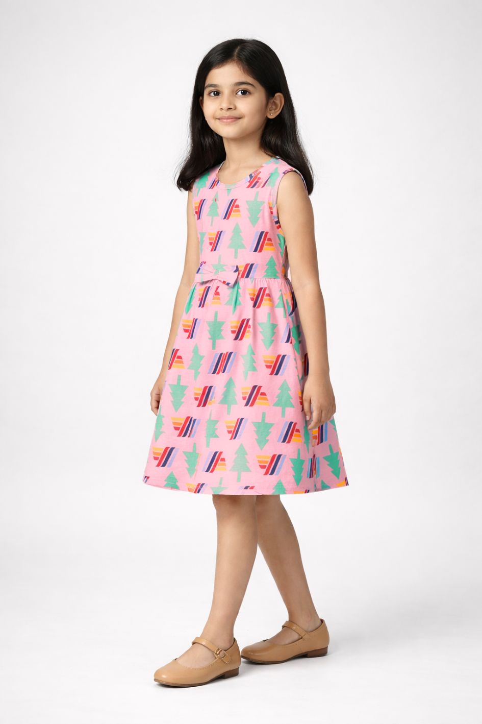 CHILINS Girls Pink Printed Sleeveless Frock Dress with Waist Bow