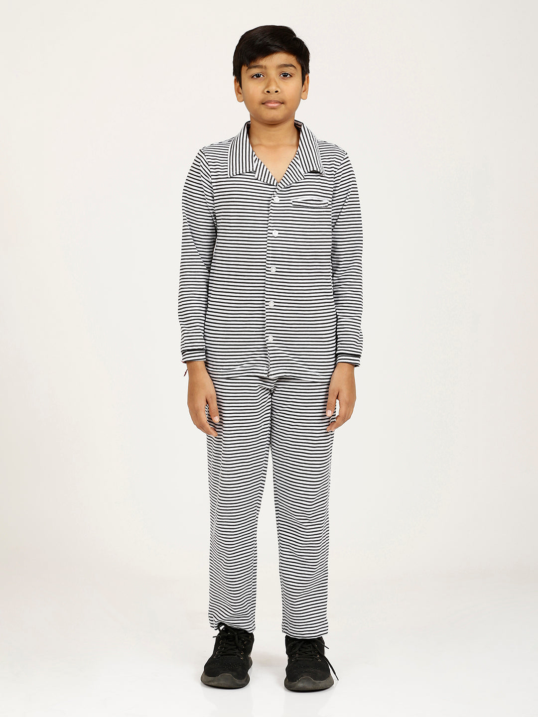 CHILINS Kids Cotton Shirt Pyjama Night Dress – Striped Print Sleepwear Set