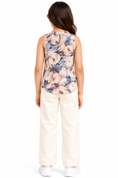 CHILINS Girls Floral Printed Sleeveless Top | Keyhole Neck | Casual Wear