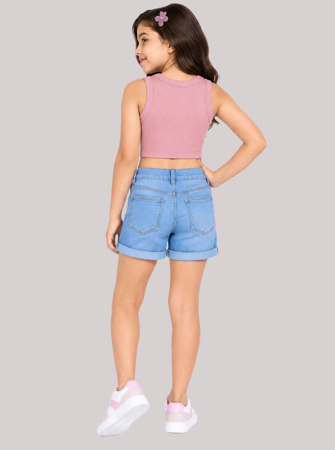 CHILINS Girls Cotton Pink Ribbed Sleeveless Crop Top