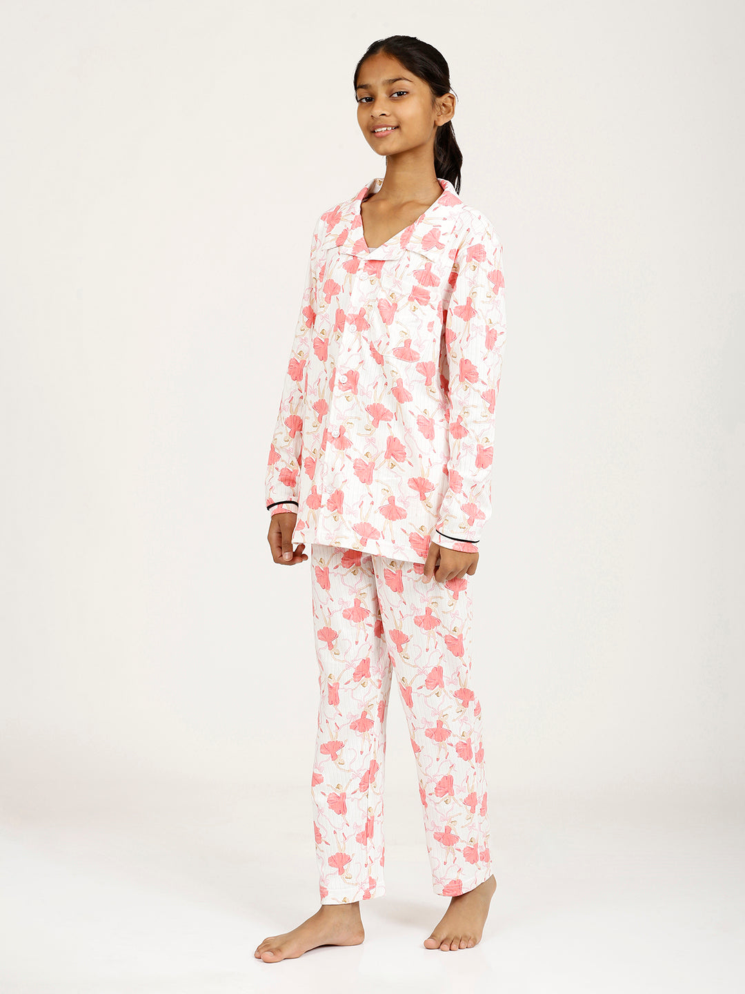 CHILINS Girl Cotton Shirt Pyjama Night Dress – Dancing Girl White & Pink Print