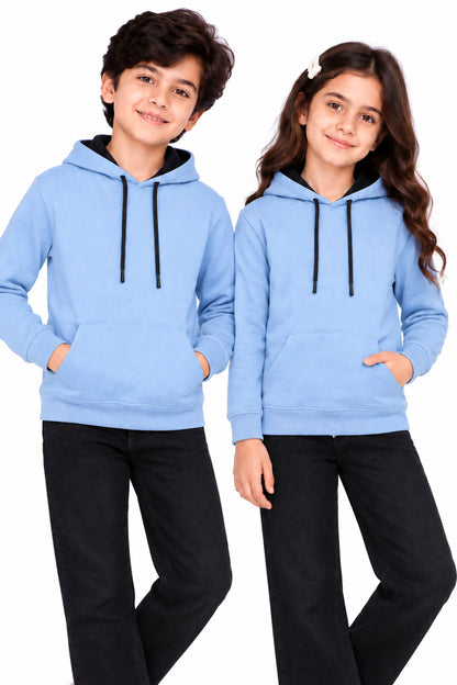 CHILNS Girls & Boys Light Blue Hooded Sweatshirt | Full Sleeves | Kangaroo Pocket | Drawstring Hood | Regular Fit