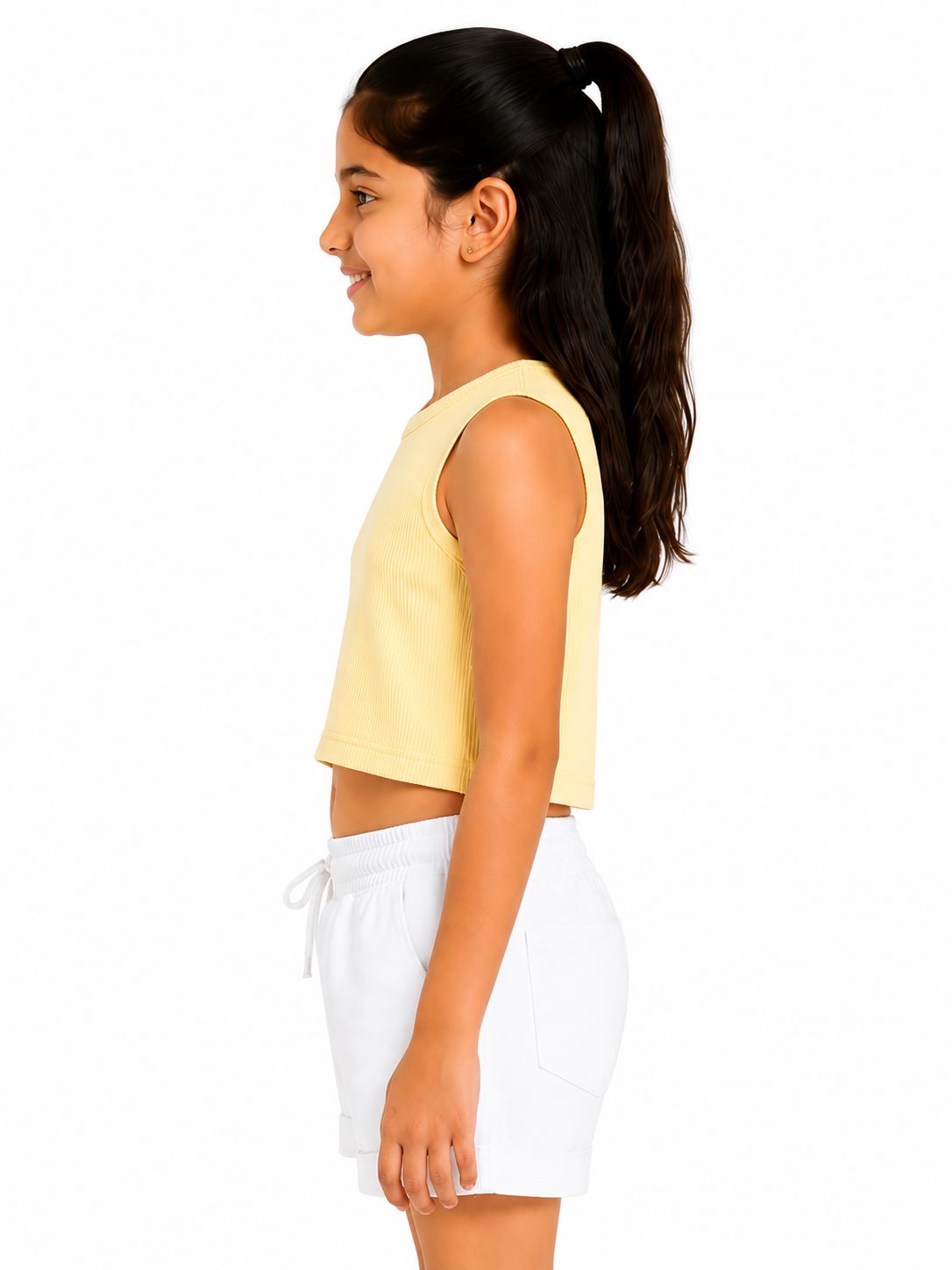 CHILINS Girls Light Yellow Ribbed Sleeveless Crop Top