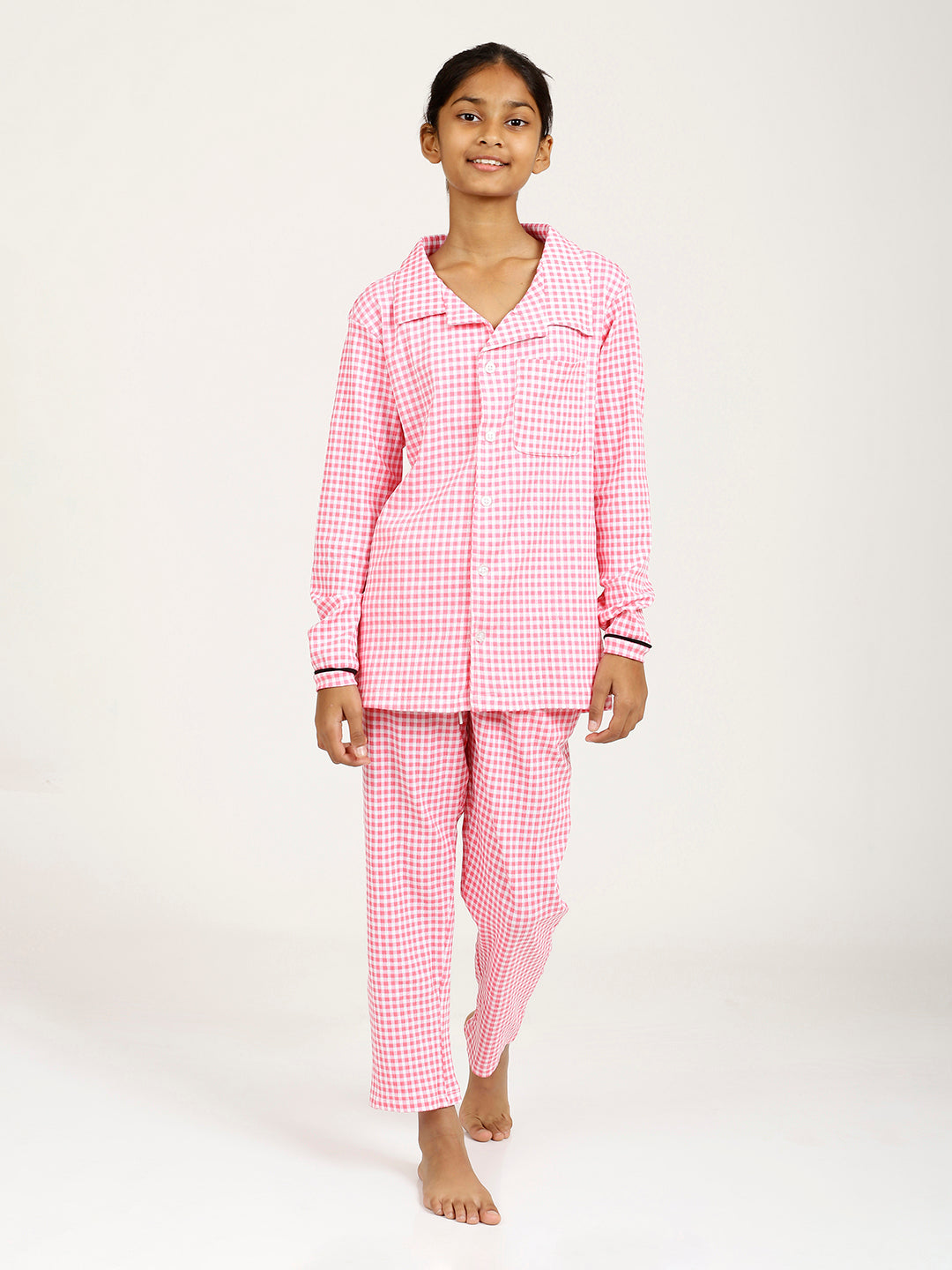 CHILINS Girls Shirt Pyjama Night Dress – Pure Cotton, Pink Checkered