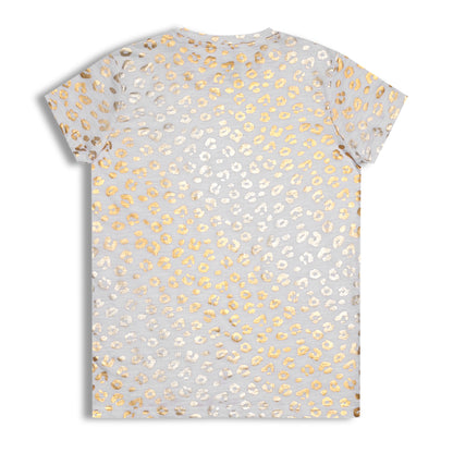 CHILINS Girls Cotton T-Shirt – White with Golden Animal Print