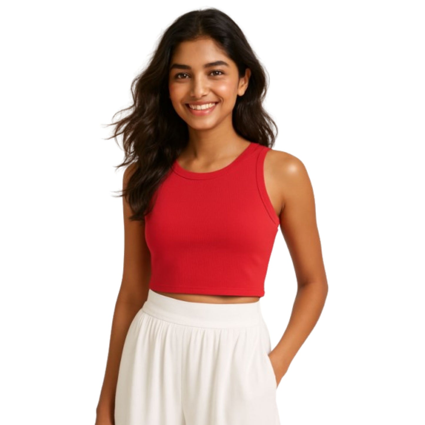 Girl's Solid Crew Neck Ribbed/Knitted Sleeveless Stretchable Slim Fit Crop Tank Top Red