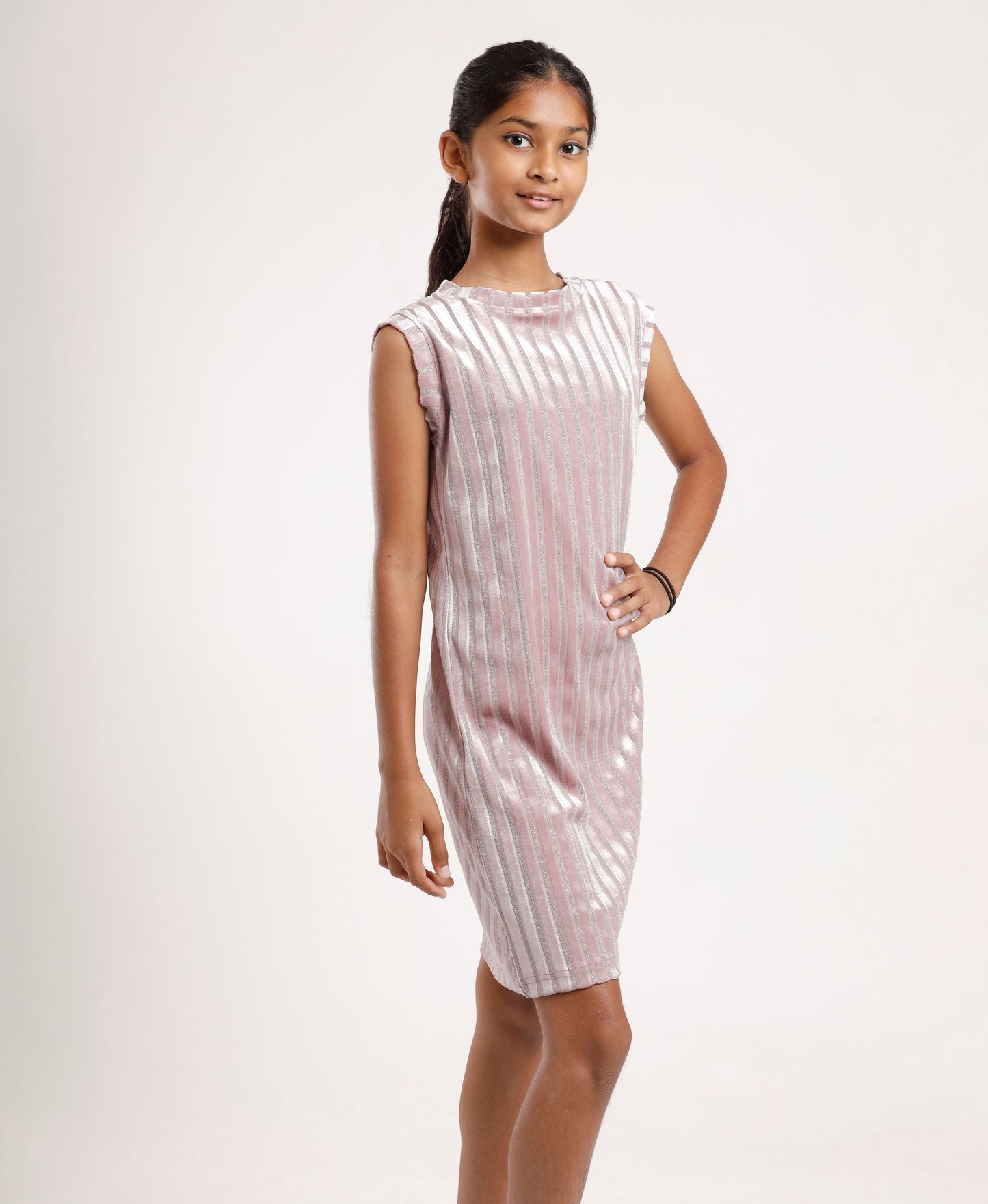 Girls Pink Shimmer Shift Dress | Sleeveless Stylish Party & Festive Wear