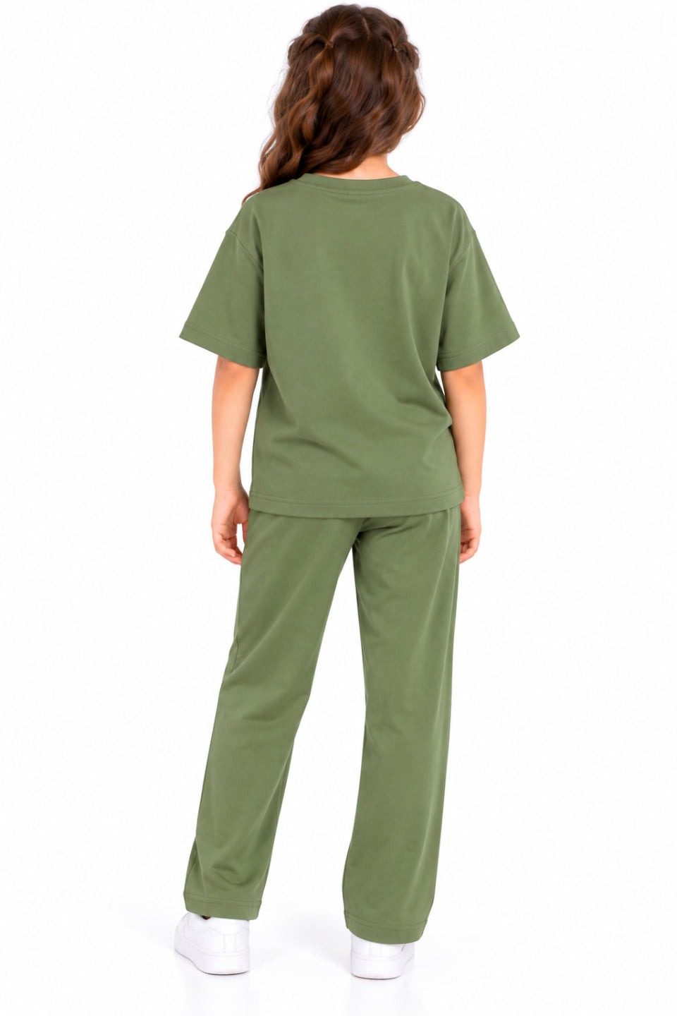 CHILINS Girls Olive Green Co-Ord Set | Oversized T-Shirt & Wide-Leg Pants