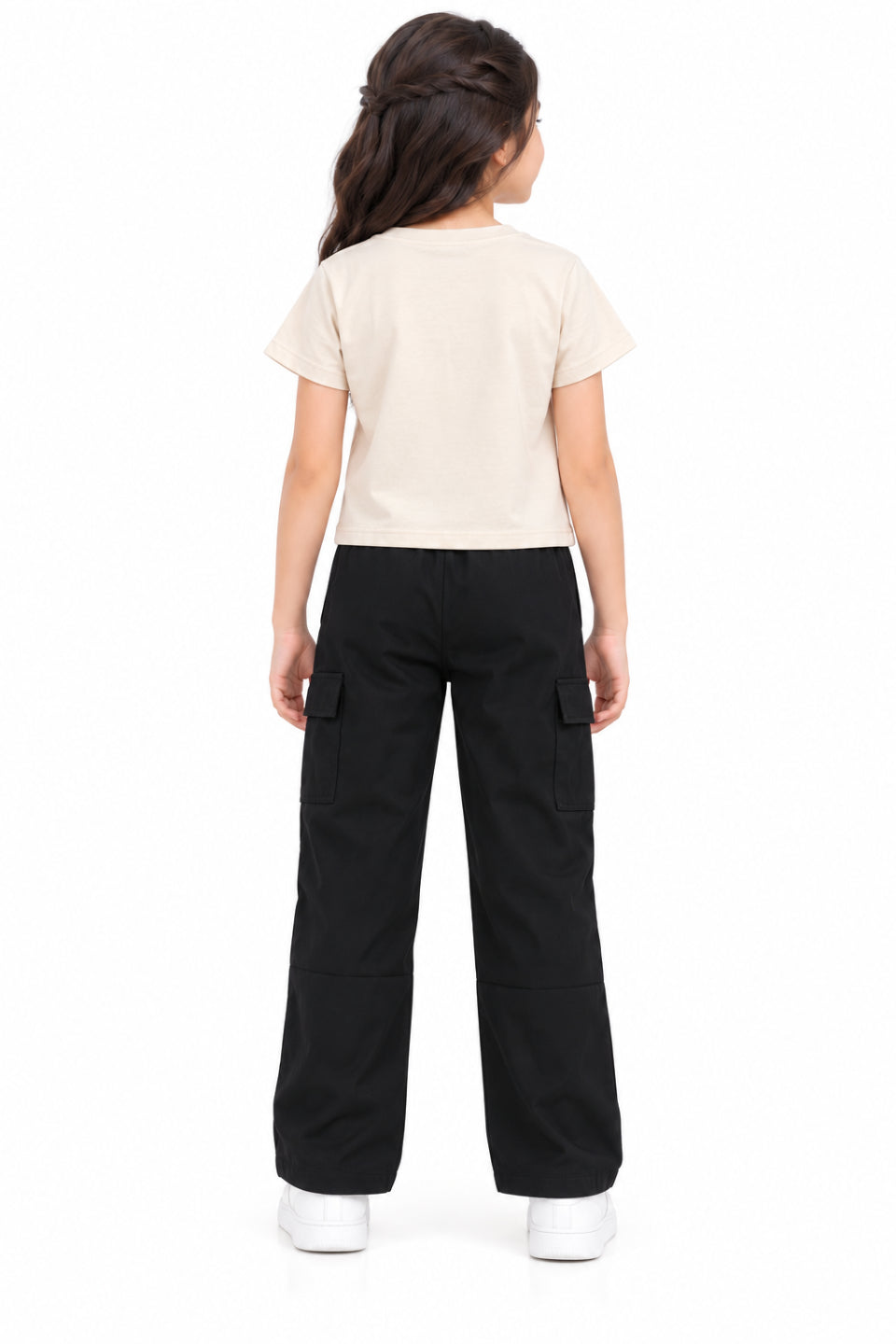 CHILINS Girls Black Cotton Cargo Track Pants | Wide-Leg Trousers with Drawstring Waist