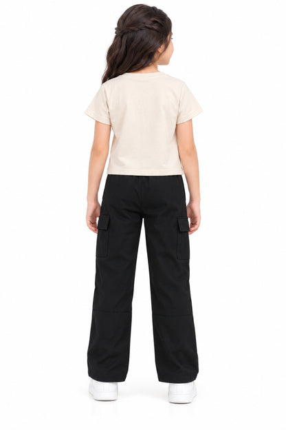 CHILINS Girls Black Cotton Cargo Track Pants | Wide-Leg Trousers with Drawstring Waist