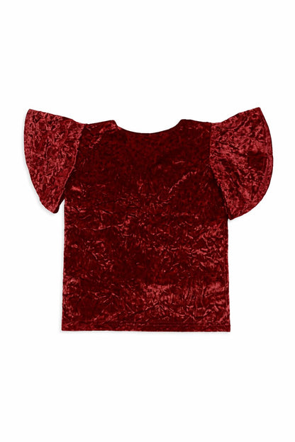 CHILINS Girls Red Velvet Top | Soft Crushed Velvet Flutter Sleeve Party Wear T-Shirt