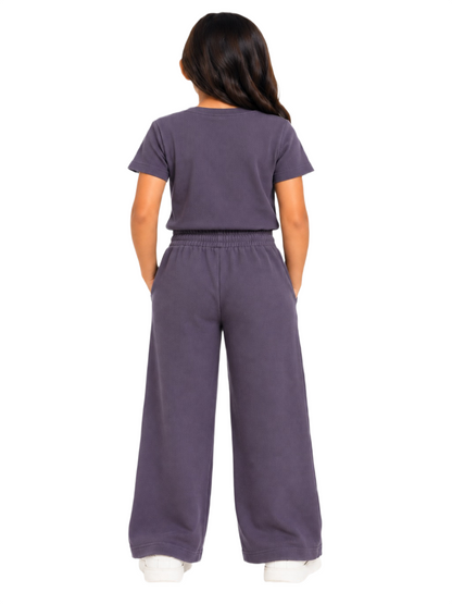 CHILINS Girls Purple Textured Top & Wide-Leg Pants Set