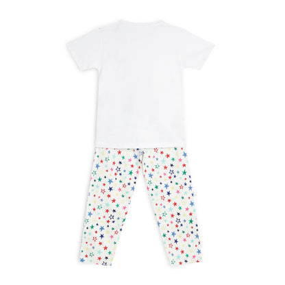Sleepwear Set | Tshirt Pyjama Pant Set | Nightsuit Set | Girls Cotton Fabric White Star