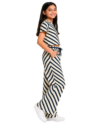 CHILINS Girls Black & cream Striped Lycra Spun Palazzo Co-Ord Set