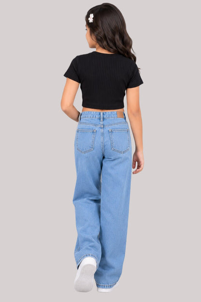 CHILINS Girls Black Ribbed Round Neck Short Sleeve Top