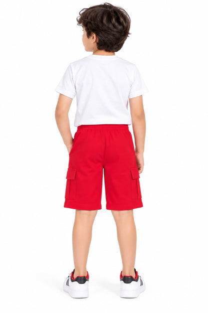 CHILINS Boys Red Cargo Shorts | Casual Knee-Length Shorts with Utility Pockets