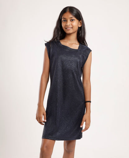 Dark Blue Shimmer Dress – Sleeveless, Structured Neckline, Girls’ Party Wear