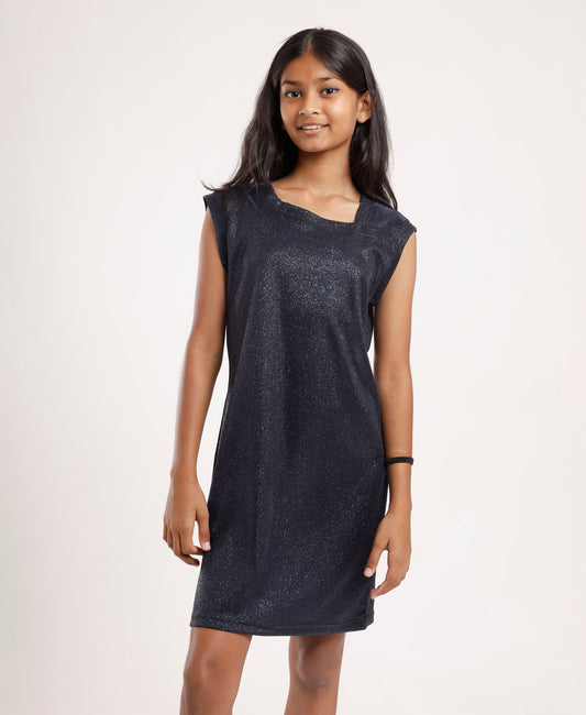 Dark Blue Shimmer Dress – Sleeveless, Structured Neckline, Girls’ Party Wear
