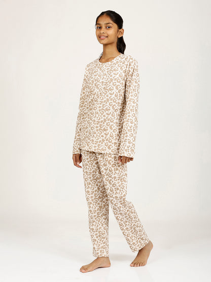 CHILINS Girls Pure Cotton Beige Brown Full Sleeve T-Shirt Pyjama Set – Animal Print