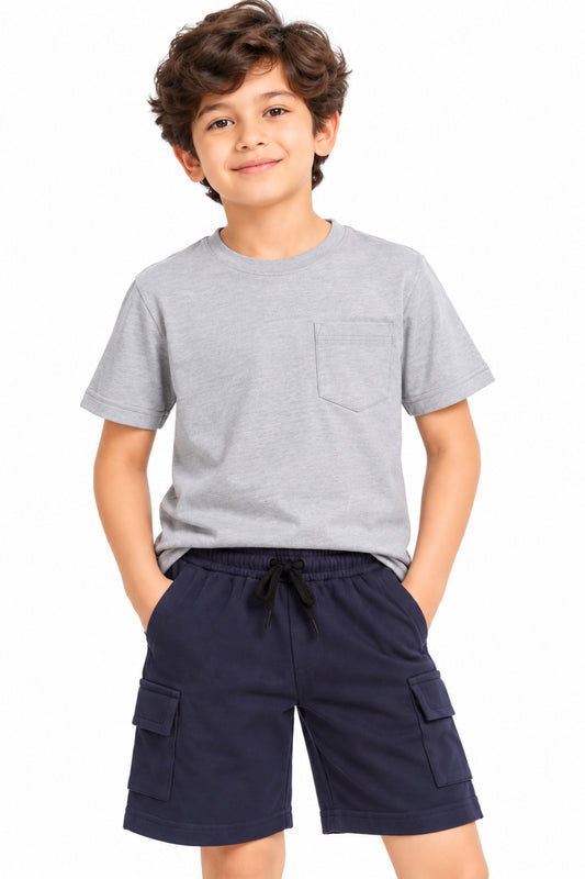 CHILINS Boys Navy Blue Cargo Shorts | Drawstring Waist | Utility Pockets | Knee Length | Regular Fit