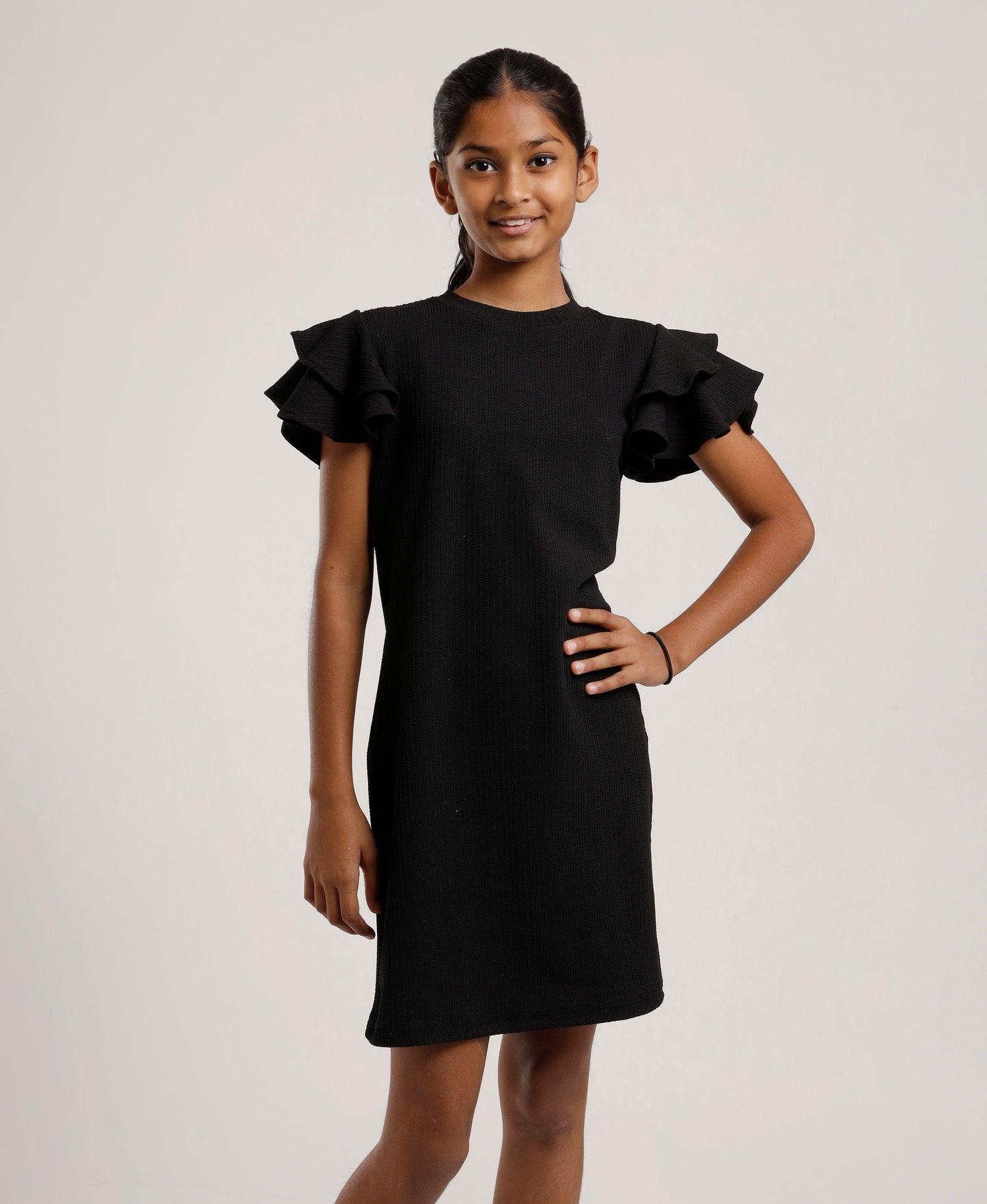 Girls Black Shift Dress | Stylish Ruffle Sleeves | Casual & Outing Wear