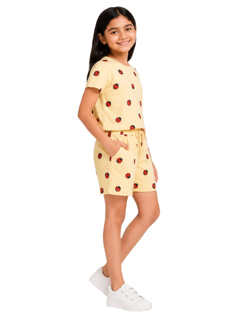 CHILINS Girls Yellow Ladybird Printed T-Shirt & Shorts Set | Kids Cotton Co-Ord Sportswear Set