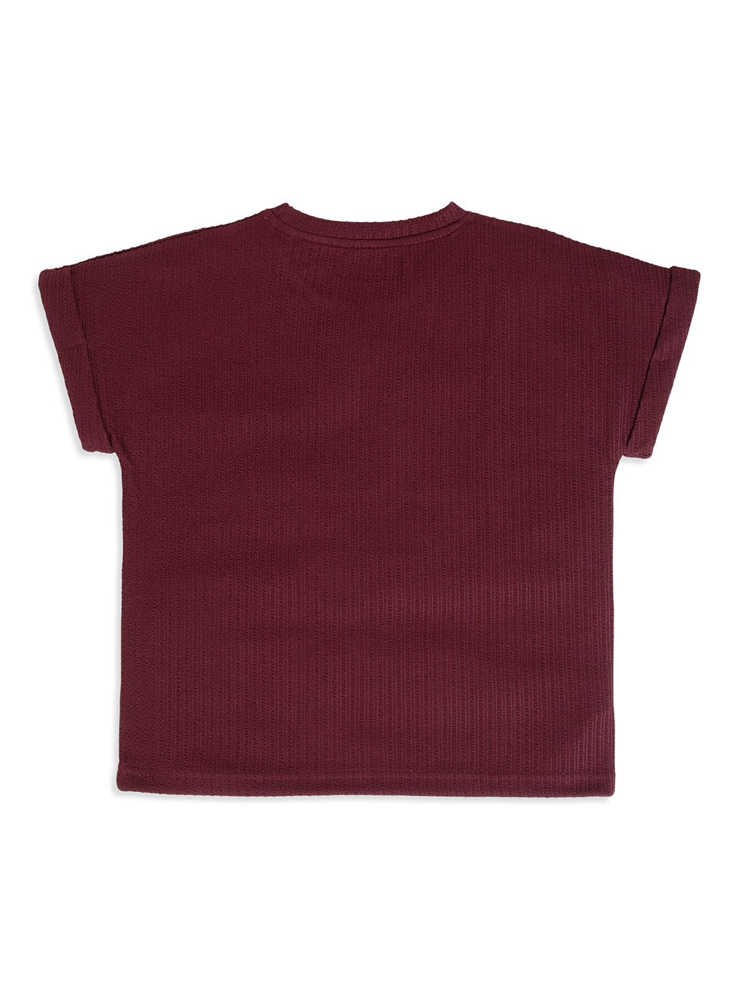 CHILINS Kids Maroon Textured T-Shirt | Polyester Blended Ribbed Casual Top for Boys & Girls