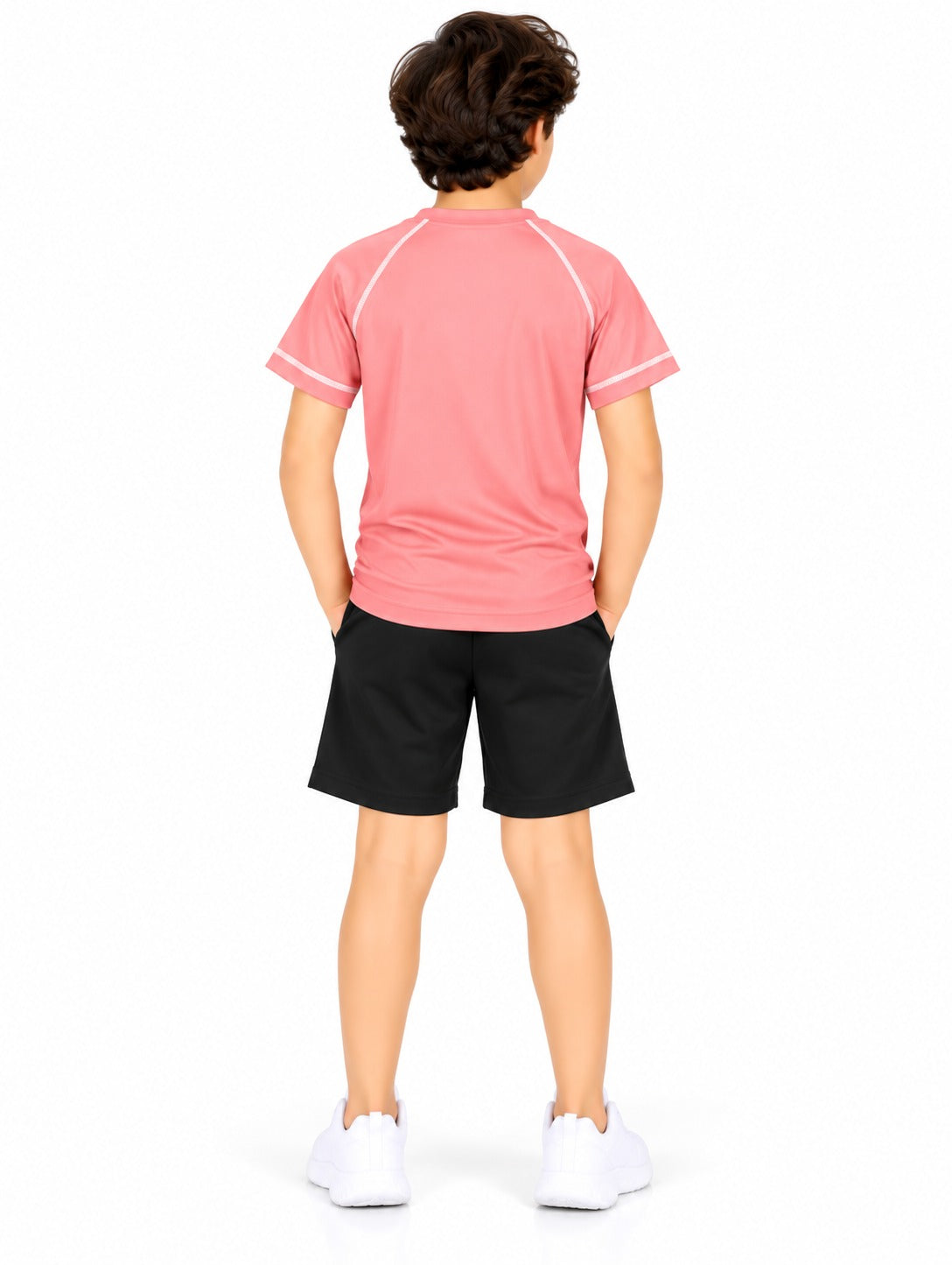 CHILINS Kids Coral Pink Sports T-Shirt | Boys & Girls | Raglan Sleeves | Contrast Stitching