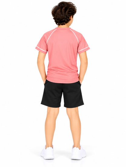 CHILINS Kids Coral Pink Sports T-Shirt | Boys & Girls | Raglan Sleeves | Contrast Stitching