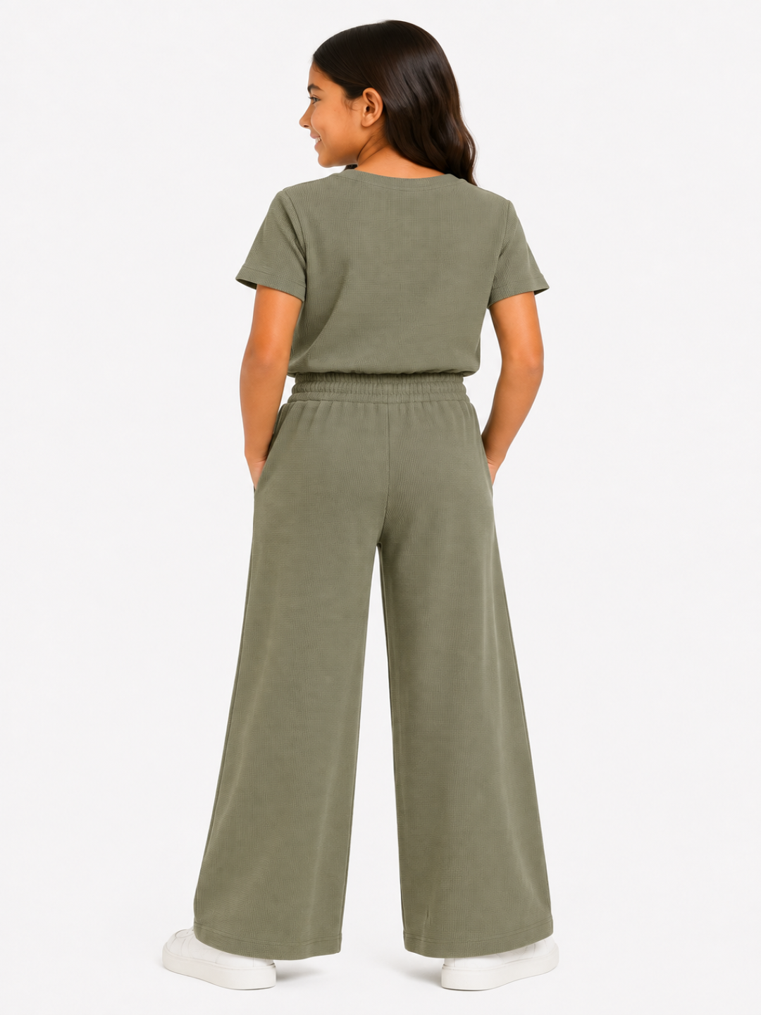 CHILINS Girls Olive Green Textured Top & Wide-Leg Pants Set