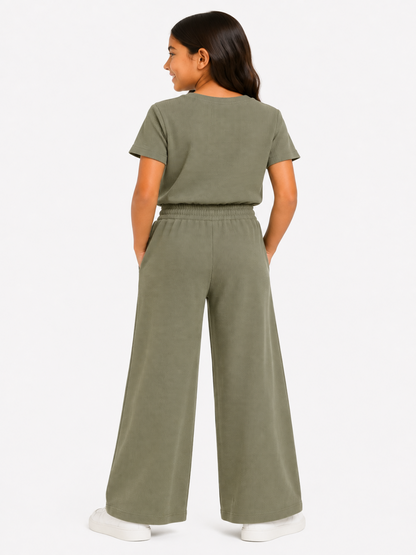 CHILINS Girls Olive Green Textured Top & Wide-Leg Pants Set
