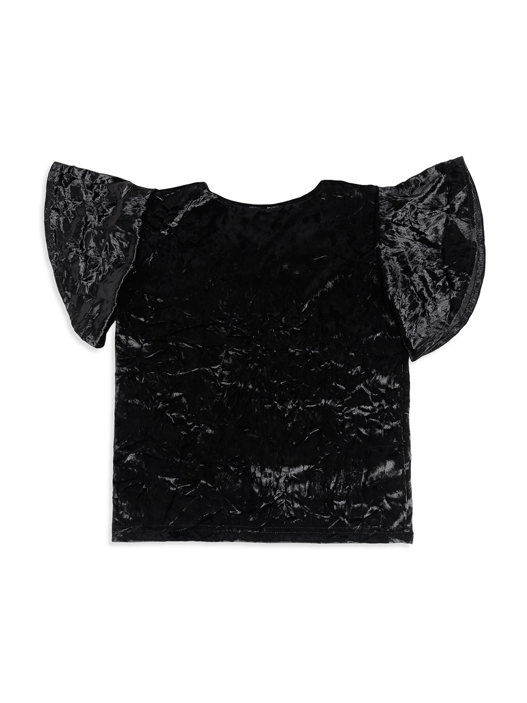 CHILINS Girls Black Velvet Top | Soft Crushed Velvet Flutter Sleeve Party Wear T-Shirt