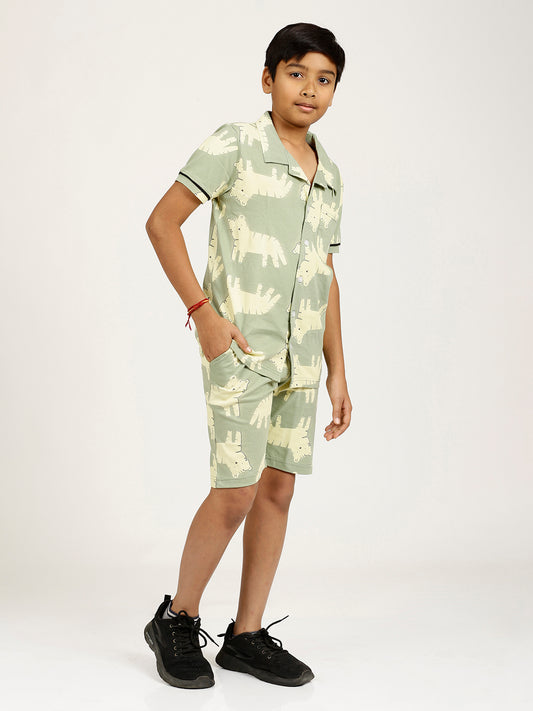 CHILINS Kids Pure Cotton Shirt & Shorts Night Dress – Fun Animal Print Sleepwear Set