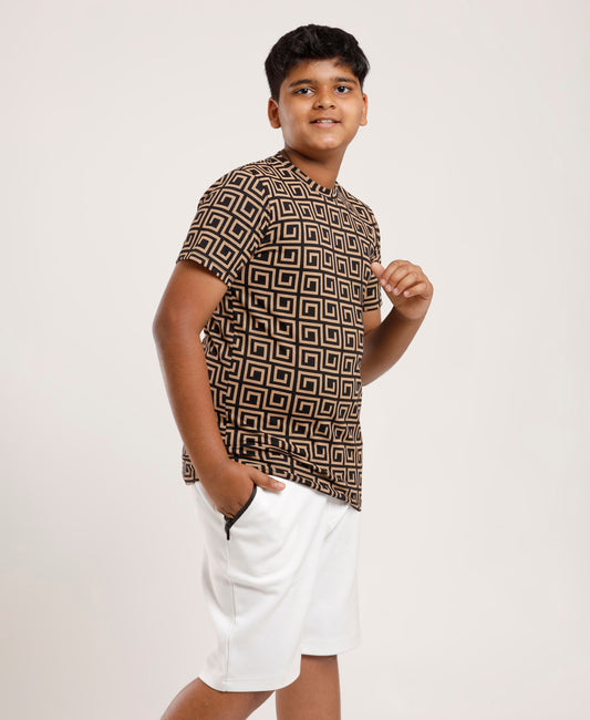 Boys’ Geometric All-Over Printed T-Shirt | Soft Cotton Casual Wear Tee for Kids