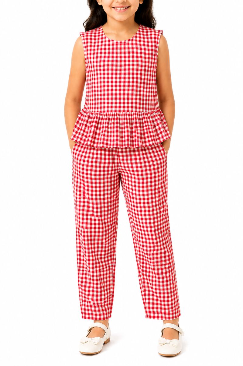 CHILINS Girls Red & White Gingham Check Ruffle Top with Pants Set