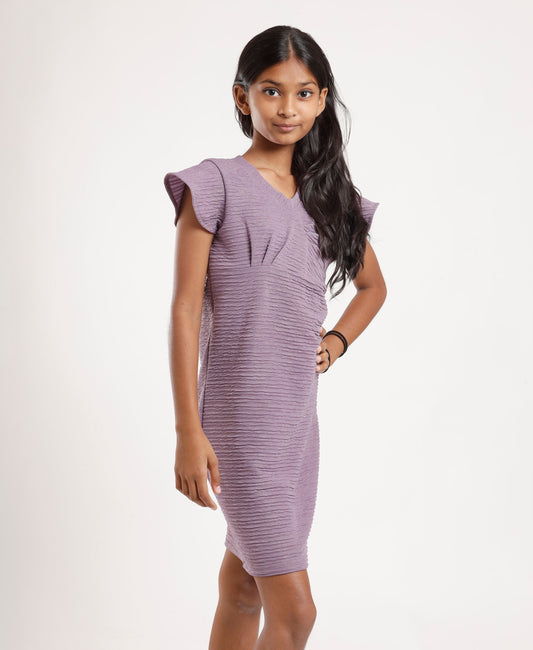 Girls’ Lavender Textured Flutter Sleeve Dress – Soft Comfortable V-Neck Casual & Party Wear Dress for Kids