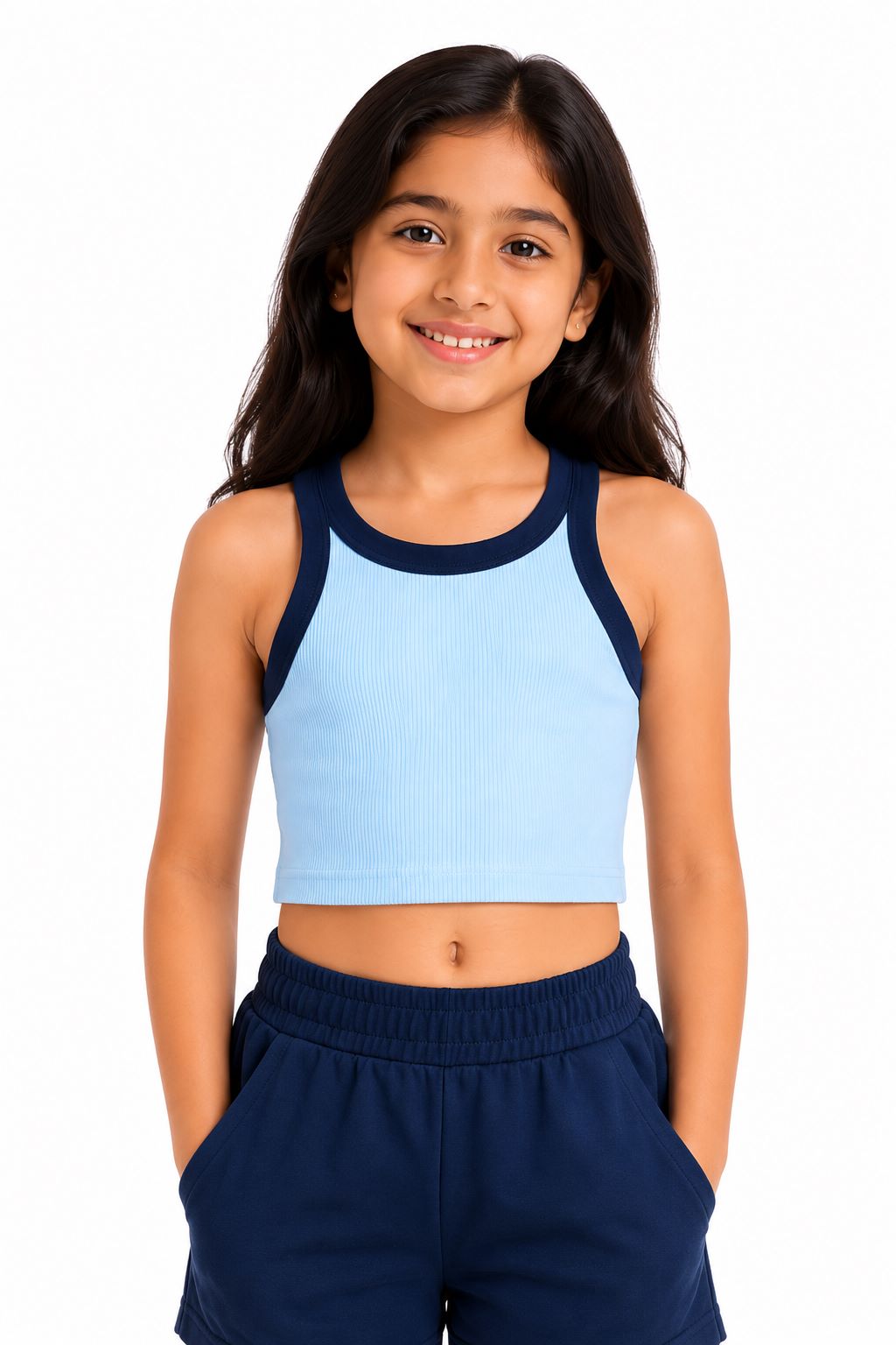 CHILINS Girls Sky Blue Ribbed Contrast Sleeveless Crop Top