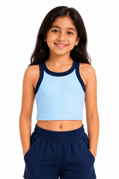 CHILINS Girls Sky Blue Ribbed Contrast Sleeveless Crop Top