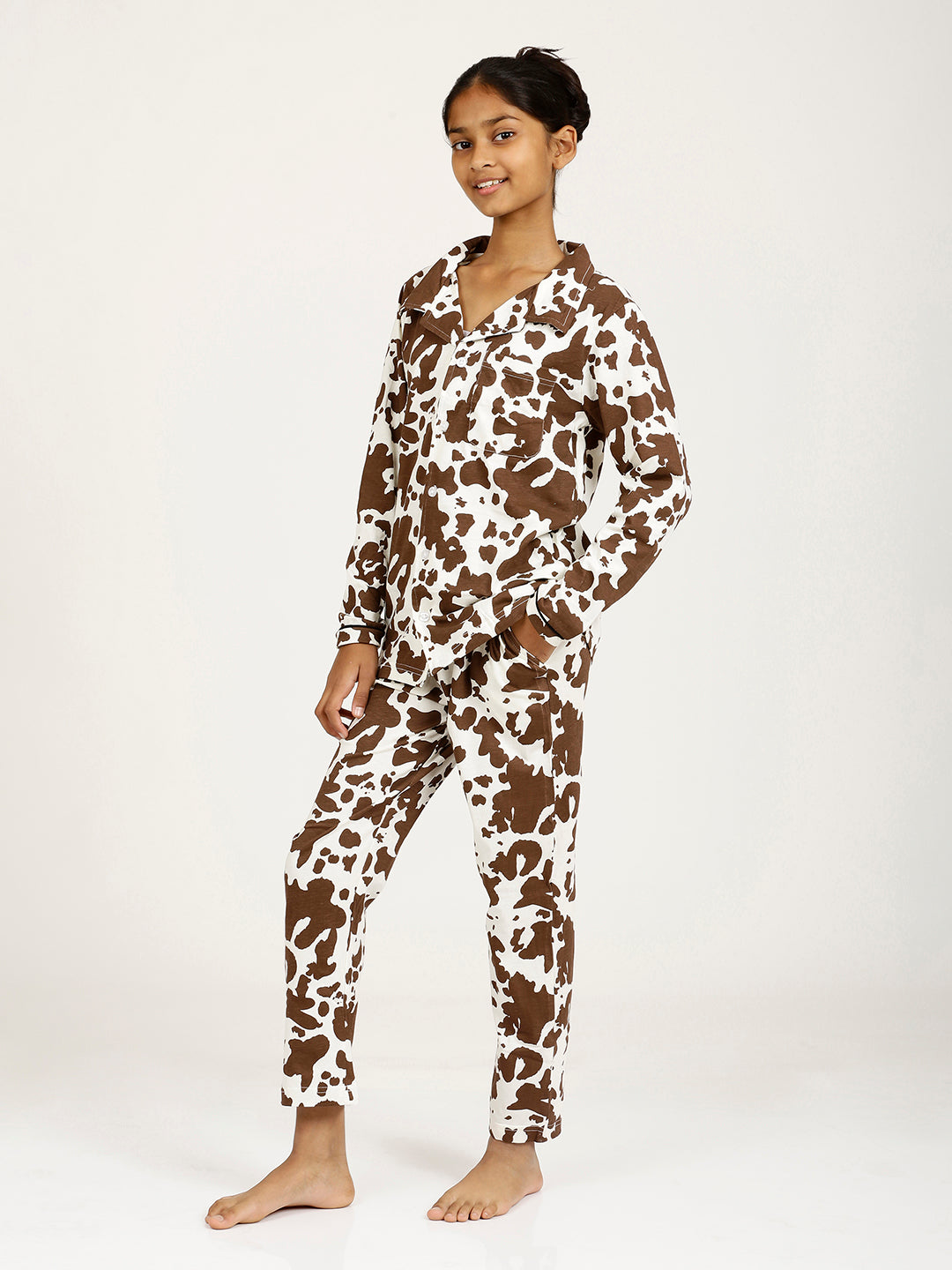 CHILINS Girls Shirt Pyjama Night Dress – Pure Cotton, Brown & Cream