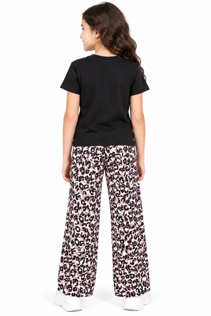 CHILINS Girls White & Pink Leopard Print Palazzo Pants | Wide Leg Casual Trousers